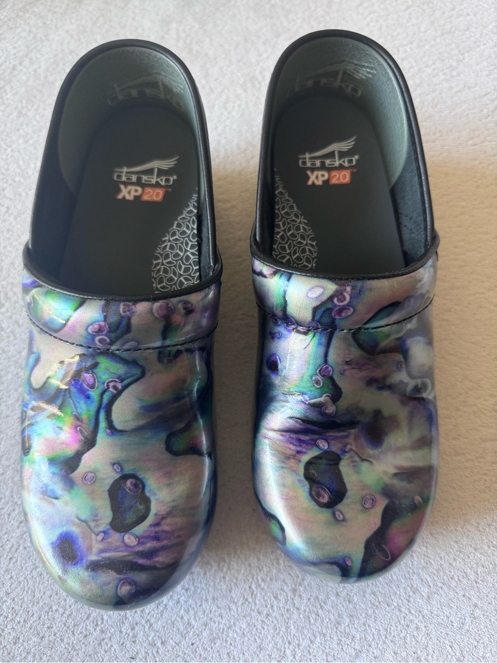 Dansko XP 2.0 Iridescent Marble Teal Purple Silver Clogs
